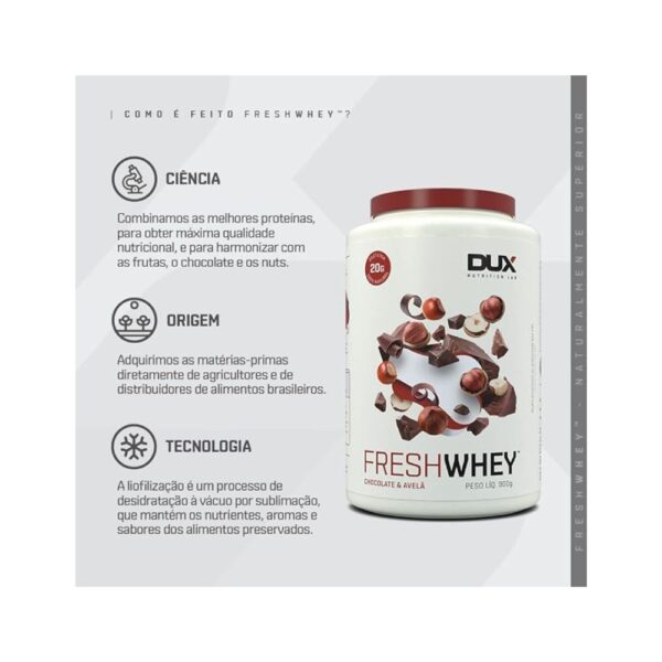 DUX HUMAN HEALTH - Fresh Whey Protein - 20g de Proteínas por Porção - Suplementos Naturais, Suplementação Treino Academia, Ganho Muscular Hipertrofia - Chocolate e Avelã - 900g - Image 4